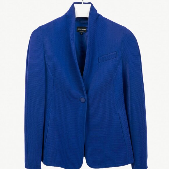 Giorgio Armani Cobalt-Blue Ribbed-Knit Blazer - Picture 1 of 11